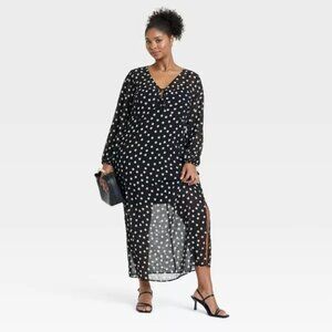 Ava & Viv Women’s Maxi Shift Dress Long Sleeve V Neck Black Polka Dots 2X NEW